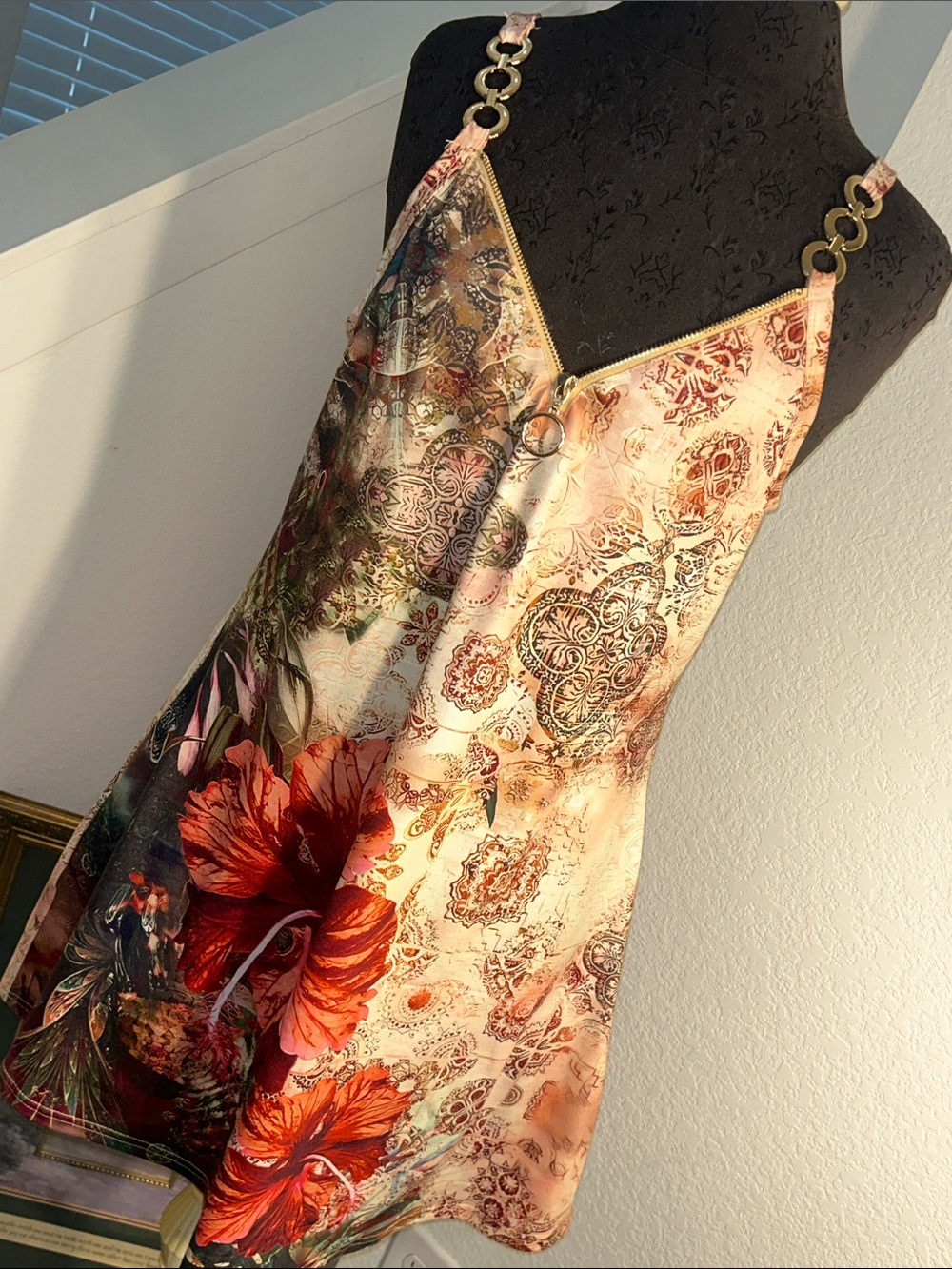 Floral Slip Dress with Gold Ring Straps - Coral & Cream